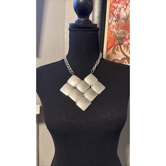 Irene Silver Tone Square Cluster 12" Long  Statement Necklace NEW - Picture 1 of 10